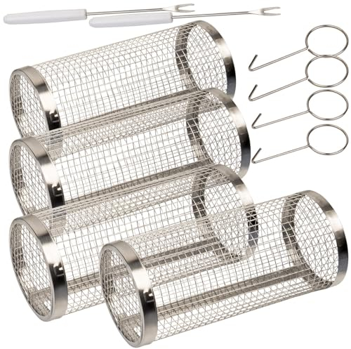 Rosenstein & Söhne Fisch-Grillkorb: 4er-Set Grillkörbe aus Edelstahl, stapelbar, inkl. Haken und Spieße (Multifunktions-Grillkorb, Fisch Edelstahl, Grillspiesse)