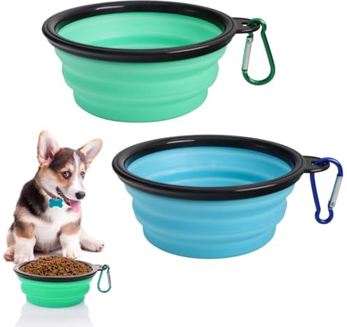 PRUOAVY 2 Stück Faltbarer Hundenapf unterwegs, 350ml Hund Reisenäpfe, mit Deckel und Karabiner, Reisenapf Hund Faltbar Tragbar Silikon Auslaufsicher Trinknapf Fressnapf