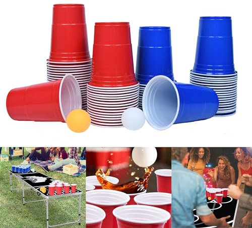 Suusolny Bierpong Becher Set Beer Pong Becher mit Enthält 100 Becher (16oz) & 10 Bällen Partybecher Trinkbecher Mehrwegbecher Plastikbecher für Party Geburtstag Party Trinkspiele Partyspiel