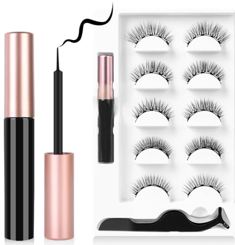 Magnetische Wimpern, 5 Paare 3D Dicke Lange Künstliche Falsche Eyelashes, Magnetische Wimpern mit Eyeliner, Natürlich Magnet Wimpern Eyeliner Set mit Zange, Wasserdicht und Wiederverwendbar