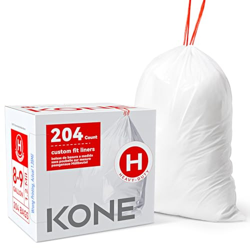 KONE Custom Fit Trash Bags Compatible with Simplehuman Code H, 204 Count Drawstring Garbage Bags, Dispenser Pack Trash Bin Liners For Kitchen, Bathroom, Home, 35 Liter / 8-9 Gallon