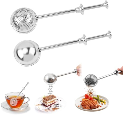 2 stycken tesil för löst te – teaballs med teleskophandtag, teägg 304 rostfritt stål, tetång, tesil, teinfuser, dammvippa i rostfritt stål – socker, mjöl, kryddor, kakaopulver