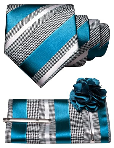 JEMYGINS Set di cravatte da uomo, con motivo a righe, per affari, ufficio, matrimonio, multicolore, Blu pavone, M