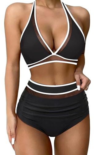 Risipu High Waisted Bikini Set Tummy Control Swimwear, High Waist Bikini Sets for Women UK, Push Up Bikinis 2 Piece Swimsuit Woman Ladies (UK, Alpha, L, Regular, Regular, Black+White)