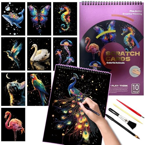 SiYear Scratch Art Book for Adults-Colorful Animal Series Scratch Paper|Scratch Painting Paper Craft Kit|Creative Foil Engraving Scratch Art|Handmade Creative Gifts(Animal /10pcs)