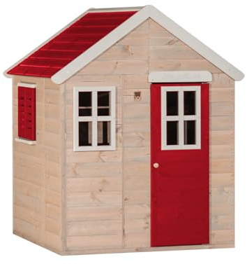 Wendi Toys casetta da giardino per bambini in legno FSC 120×120×155 cm, con porta, finestra, pavimento e persiane, casetta esterna resistente alle intemperie, rossa - M18R