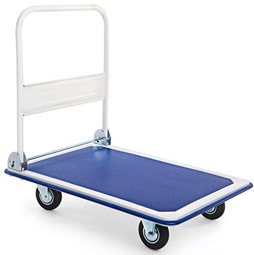 GOPLUS Chariot Plateforme Pliable de Transport à 4 Roues en Polyuréthane Plateforme en Caoutchouc Antidérapant pour Entrepôt de Déménagement, Capacité de Charge 300 KG, 90 x 61 x 88 CM Blue et Blanc