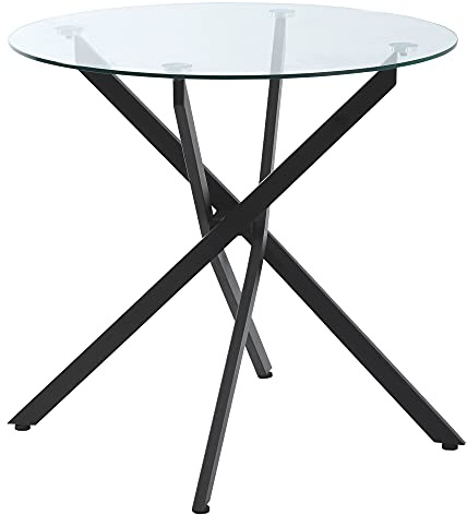 HOMCOM Mesa de Comedor Redonda con Encimera de Cristal Templado Transparente y Patas Cruzadas de Metal Mesa de Centro Moderna para Salón Ø80x75 cm Negro