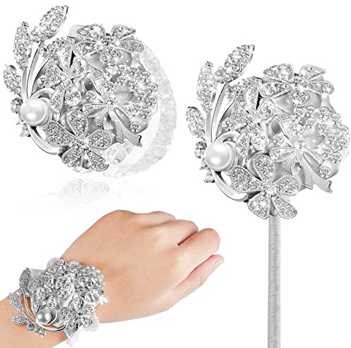 Yunsailing 2 Pcs Rhinestone Wrist Corsage and Boutonniere Set - Artificial Flower Corsage Wristlet for Wedding Prom Homecoming Bridesmaid Bridal Shower Anniversary Formal Event(Silver Gray,Pearl)
