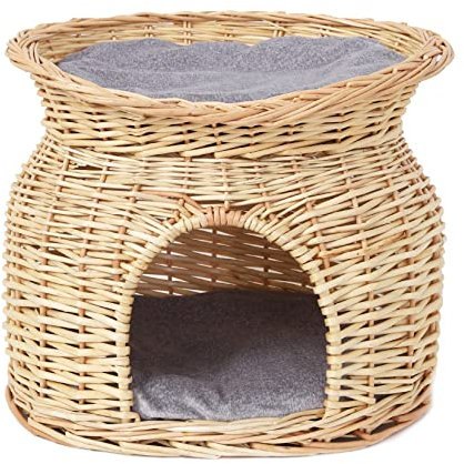 Indoor Wicker Cat Cave House: 2-Tier Kitten Wicker Basket Pet Sleeping Bed Play Furniture with Washable Soft Cushion Beige (41x26x33.5cm)