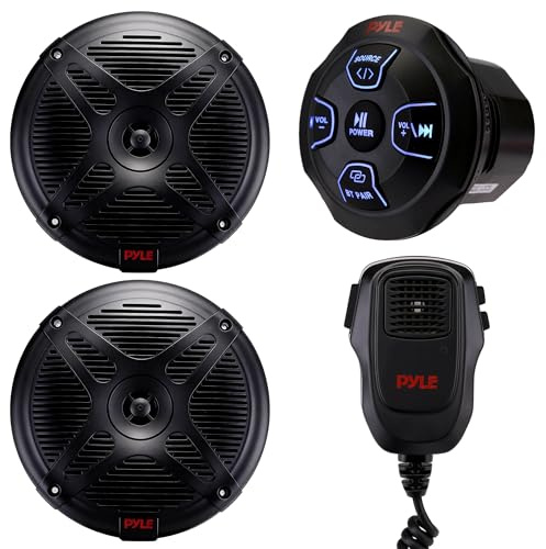 Pyle Marine Bluetooth Receiver Speaker Kit - Waterproof Audio Entertainment System Set w/Dual 6.5 Boat Speakers, Wireless BT Controller, Compact Handheld Broadcasting Microphone (Black)