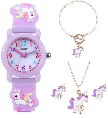 Mädchen und Jungen Analog Quarz Uhr mit Cartoon Design 30M wasserdichte SilikonArmband Japanischen Quarzwerk Lern Armbanduhr für Kinder 3-10 Jahre (Lavendel Einhorn Set)