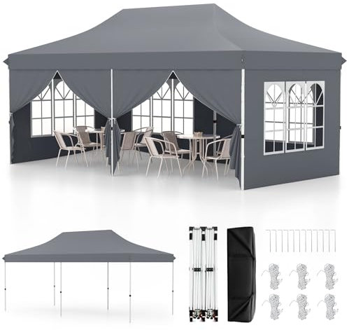COSTWAY 3m x 6m Pop Up Gazebo, Outdoor Garden Shelter with 6 Sidewalls and Carrying Bag, UPF50+ Waterproof Marquee Party Tent Wedding Awning Canopy (Grey, 600 x 300 x 296-316 cm)