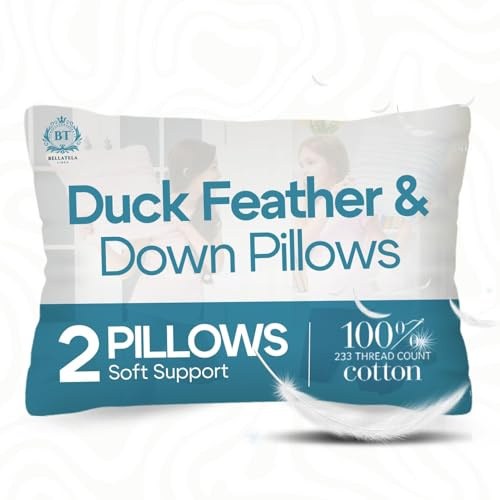 Bellatela Soft Duck Feather Pillows 2 Pack (48x74) | Plush Down Pillows - Support Neck & Back - Front Sleeper - Washable & Hypoallergenic