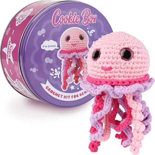 Cookie Box crochet kit para principiantes, amigurumi con hilo, ganchillo, relleno y guía PDF/video, regalo para adolescentes y adultos Jellyfish Jenny