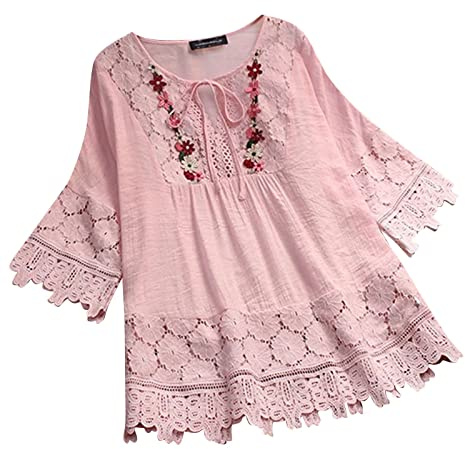 SCBFDI T-Shirt Blanc Femme Tunique Plage Ete Fluide Ample Vetements Grande Taille Haut Longue Dentelle Lin Vetement Hippie Rose 3XL