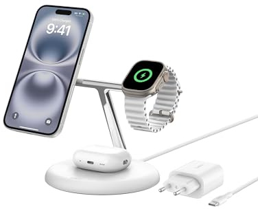 Belkin BoostCharge Pro Kabellose 3-in-1-Ladestation mit Qi2, 15W, MagSafe Kompatibel, Ladegerät Induktive für iPhone 17, Air, 16, 15, Pixelsnap, AirPods, Apple Watch, inkl. Netzteil – Weiß