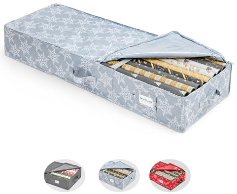 BRANTMAKER Contenitore per carta da regalo (103 x 35 x 15 cm), grande organizer con tessuto Oxford per rotoli di carta da regalo, accessorio grigio e bianco fiocco di neve