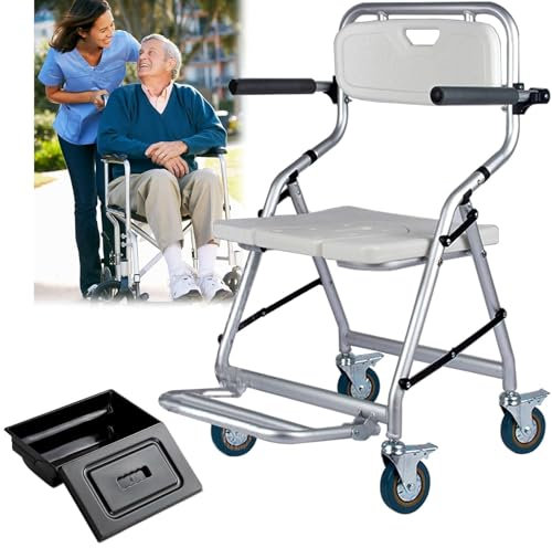 Miuxe Silla De Ruedas con Inodoro Plegable para Ducha Silla De Inodoro con Asiento Acolchado, Silla De Ducha con Ruedas con Reposabrazos Y Respaldo, Silla De Transporte Móvil De Aluminio con Ruedas