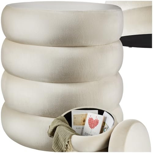 TecTake® Taburete Almacenaje Bouclé, Carga: 120 kg, Puff Almacenaje, Taburete Dormitorio, Reposapies Puff, Zapatero Entrada Recibidor, Asiento Acolchado, Ideal Salón Hogar - 42 x 47 cm Blanco/Crema