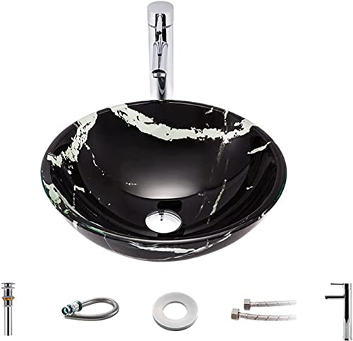 KOMFGT Ceramic Bathroom Sink Tempered Glass Vessel Sink, Hand Painted Art Countertop Basin with Waterfall Faucet Mounting Ring and Water Drain Set, Washstand Sink 420X420X145mm (Blackwashbasin)