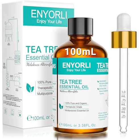 ENYORLI Tea Tree Essenziale Olio 100mL Naturale Tea Tree Olio per Pelle Viso Capelli Unghie, Aromaterapia, Diffusori, Fabbricazione di Candele, DIY, Massaggi, Cura della Casa, Uso Esterno