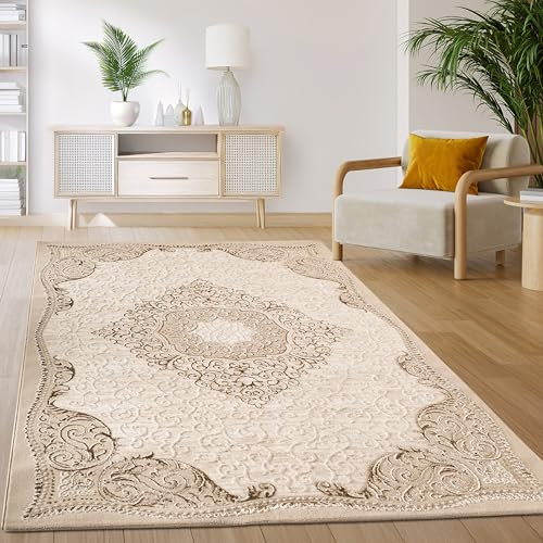 Paco Home Alfombra Salón Dormitorio Pelo Corto Vintage Oriental Abstracto Patrón Moderno Beige, tamaño:80x150 cm