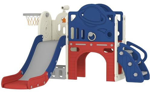 Qaba 8 in 1 Toddler Slide Set, Kids Climber Slider with Basketball Hoop and Ball, Ring Toss, Telescope, Storage, Outdoor Indoor Playground for Toddlers Aged 1-6