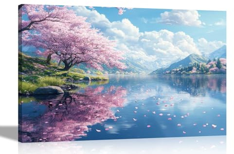 Artley Prints - Summer Lake Mountain Landscape Framed Canvas Wall Pictures Art for Living Room Conservatory Hallway Extra Large 101 x 76cm (40 x 30 inches)