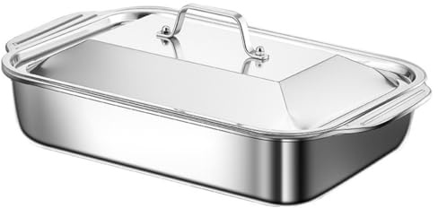 Bandeja Inoxidable para Asar con Tapa Bandeja Profunda Rectangular para Horno para Asar Pavo Cocinar Pescado y Barbacoa Reuniones Familiares