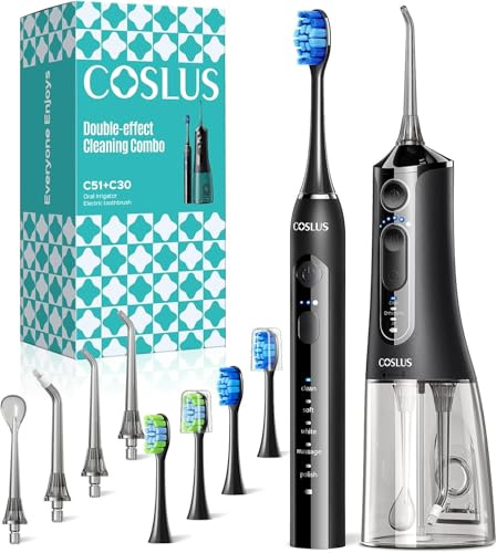COSLUS C51C30 Water Flosser Electric Toothbrush Combo, 2-1 Oral Clean Kit | Portable Brushing & Flossing for Teeth & Braces Cleaning, Multiple Modes for Family Use, Cordless for Home & Travel, Combo