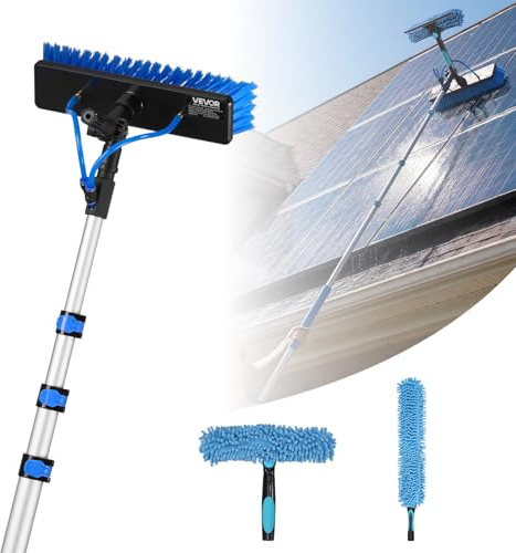 VEVOR Teleskop Waschbürste für Solarpanel, Photovoltaik Reiniger inkl. 1,7-6m Alu-Teleskop 20m Wasseranschluss 180° Bürste Abzieher Seifenspender, Reinigungsset für Solaranlage Fenster Terrassendach