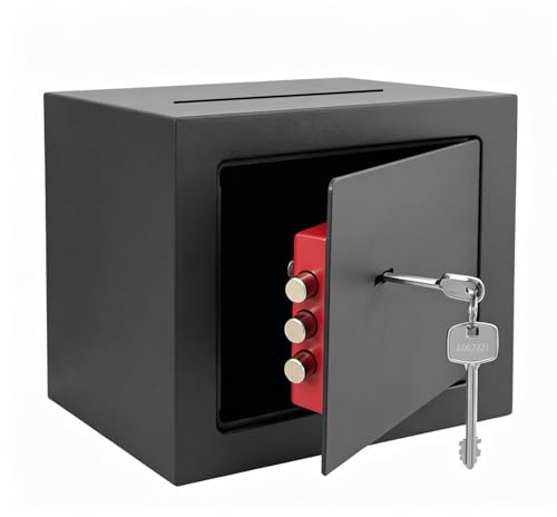 Safe Tresor mit Schlüssel, Möbeltresor, Doppelbart-Sicherheitsschloss, 6,6 L Safe Tresor mit Stahlkonstruktion, Zur Wand- und Bodenbefestigung, Spardose mit Schlüssel für Bargeld Schmuck Wertsachen