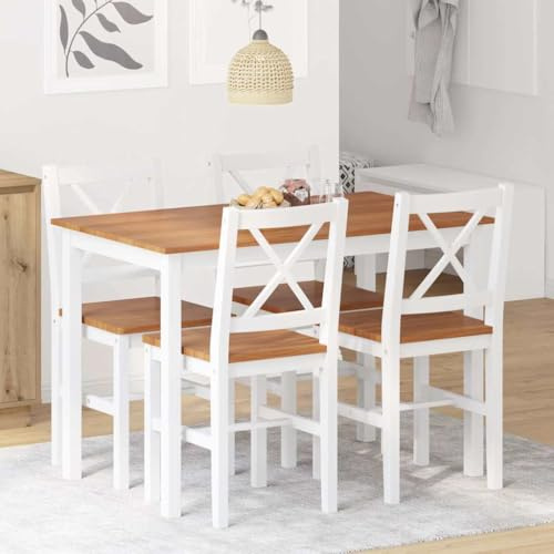 Plumbpyr Set da pranzo 5 pezzi marrone bianco in legno di pino con piano del tavolo laccato, 108 x 65 x 73 cm, include 4 sedie, altezza seduta 45 cm, gruppo da pranzo compatto per soggiorno e cucina