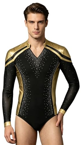 CHICTRY Men Latin Dance Leotard Shirt Figure Skating Bodysuit Gold L