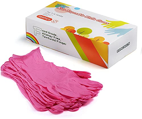 Kids Gloves Disposable, Nitrile Gloves for 7-14 Years - Latex Free, Food Grade, Powder Free - for Crafting, Painting, Gardening, Cooking, Cleaning - 100 PCS Pink