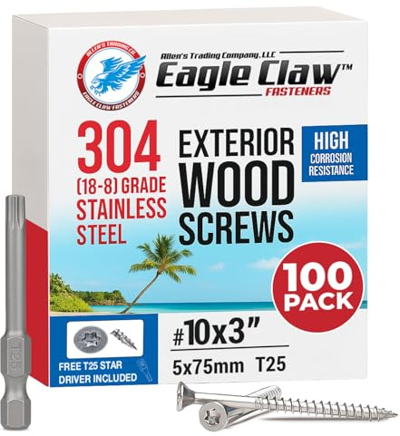 #10 x 3 Inch Stainless Steel Deck Screws | 304 Grade (100 Pack) | Flat Head T25 Star Torx Drive | Stainless Steel Screws by Eagle Claw Fasteners | Corrosion & Rust Resistant (Includes Driver Bit)