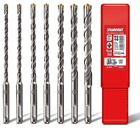 SCHWABENBACH® Foret SDS Plus Béton – Set de 7 Pièces – 6, 8, 10, 12, 14mm x 160 mm – Forets à Béton et Pierre de Haute Qualité – Compatibles Bosch, Hilti, Metabo (pas SDS MAX)