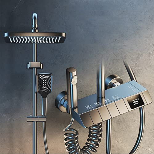 Columna Ducha con Grifo de mano, Termostatica, sistema con llave de piano, cascada de lluvia con pantalla digital de latón con rociador (Color:Grey)