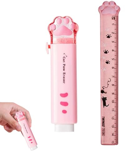 QOWIJEX 15cm Righello e Gomma da Cancellare Set,Design a Zampa di Gatto, per Misurare, Sottolineare e Tracciare Linee Nette e Precise, Righello a Forma di Zampa di Gatto