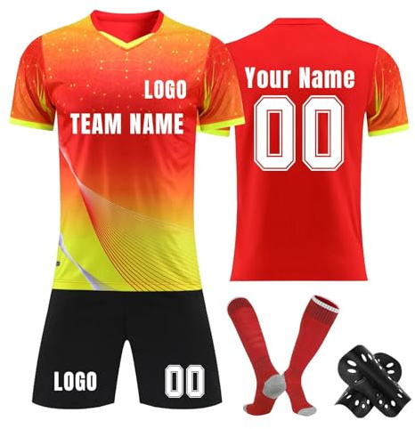 Personalised Football Kit for Kids Adults, Football Shirts Shorts Socks and Kneepad 4PCS Set Custom Name Number Team Name and Logo Football Uniforms Training Suits(19 Red,Custom Size)