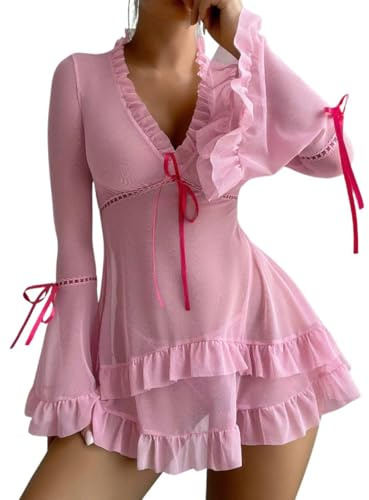 Rayson Lingerie Abito Volant con G-String in Pizzo Sleepwear Dress Push Up Completino Intimo Donna Trasparente Maniche Lunghe Pigiama Sexy Vestiti Intimo Set(Rosa, Taglia Unica)