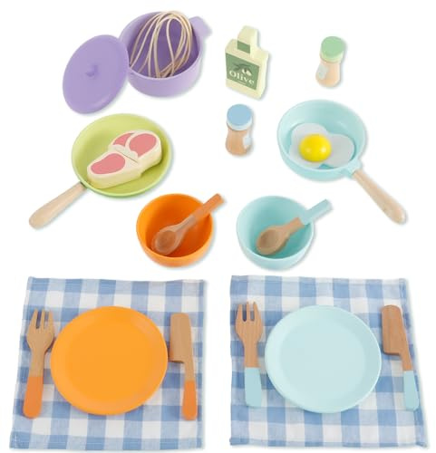 Wooden Kitchen Utensils Set Toy, 17Pcs Simulation Cutlery Dinner Set Kitchen Accessories Dishes and Pan Playset Wooden Play Food Gift Pretend Role Play Toy for Kids Girls Boys 3 4 5+ Years Olds