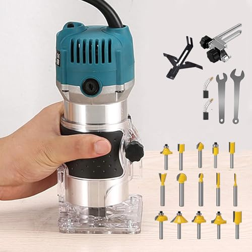 Wood Router + 15PCS 1/4 Router Bit Set Router Tool 800W Wood Routers for Woodworking Electric Hand Tool, 30000R/MIN Compact Edge Trimmer Laminate Milling Engraving with Tungsten Carbide