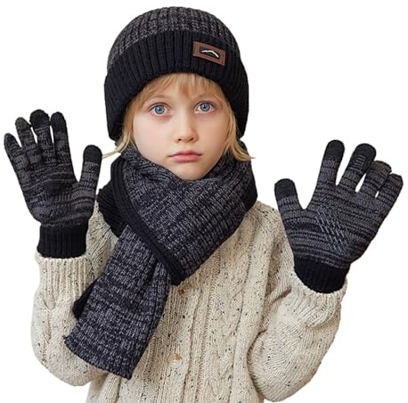 Gants d'hiver 2026 pour enfants de 4 à 10 ans avec bonnet, écharpe et trois pièces en laine tricotée chaude pour l'extérieur