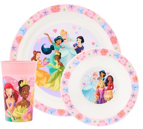 Disney Princess 3-Piece Polypropylene Children's Dinner Set – Plate, Bowl, and Tumbler Featuring Belle, Cinderella, Snow White, and Moana – Microwave and Dishwasher Safe – Suitable for Ages 36+ Months
