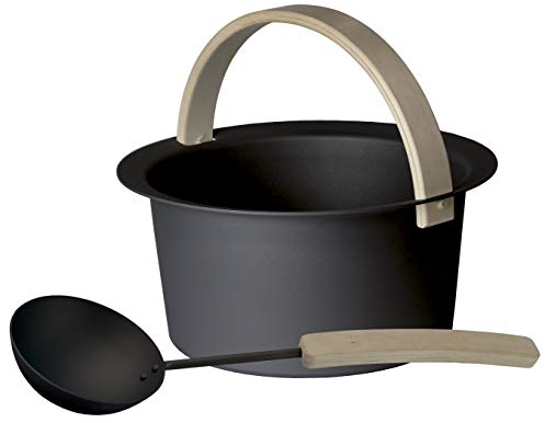 LUMO Cozmic 6L Sauna Kübel und Kelle mit Holzgriff, Aluminium, Schwarz Saunakübel Set - Finnisches Design