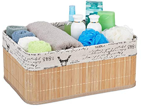 Relaxdays Aufbewahrungskorb, Stoffbezug mit Retro-Print, Bambus, rechteckig, Bad Regalkorb HBT 16,5x38x28,5 cm, Natur