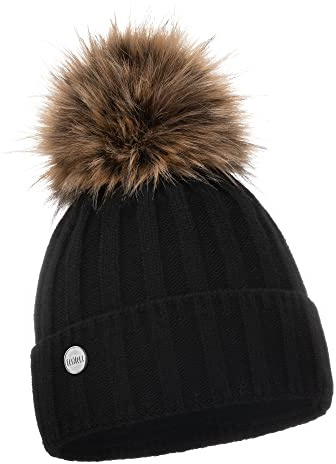 ELIMELI Bonnet en cachemire pour femme,Bonnet d'hiver chaud en laine avec cachemire,Bonnet d'hiver avec fausse fourrure,Pompon,Bonnet tricoté,Pour l'hiver,Fabriqué en UE, Noir , taille unique