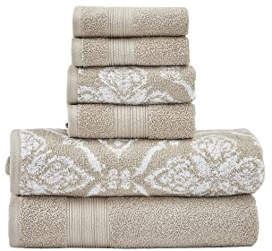 Modern Threads Amaris 6-Piece Reversible Yarn Dyed Jacquard Towel Set - Bath Towels, Hand Towels, & Washcloths - Super Absorbent & Quick Dry - 100% Combed Cotton, Khaki